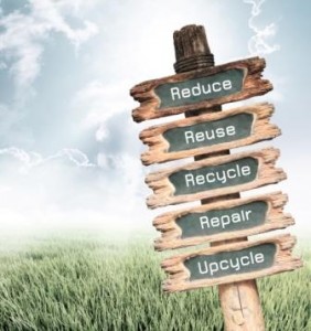Wooden sign with Reduce, Reuse, Recycle, Repair and Upcycle wording ecology concept.